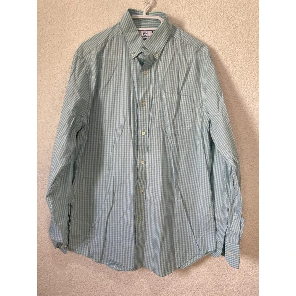 Southern Tide Men's Blue Green Checkered Long Sleeve Button‎ Down Oxford M Shirt